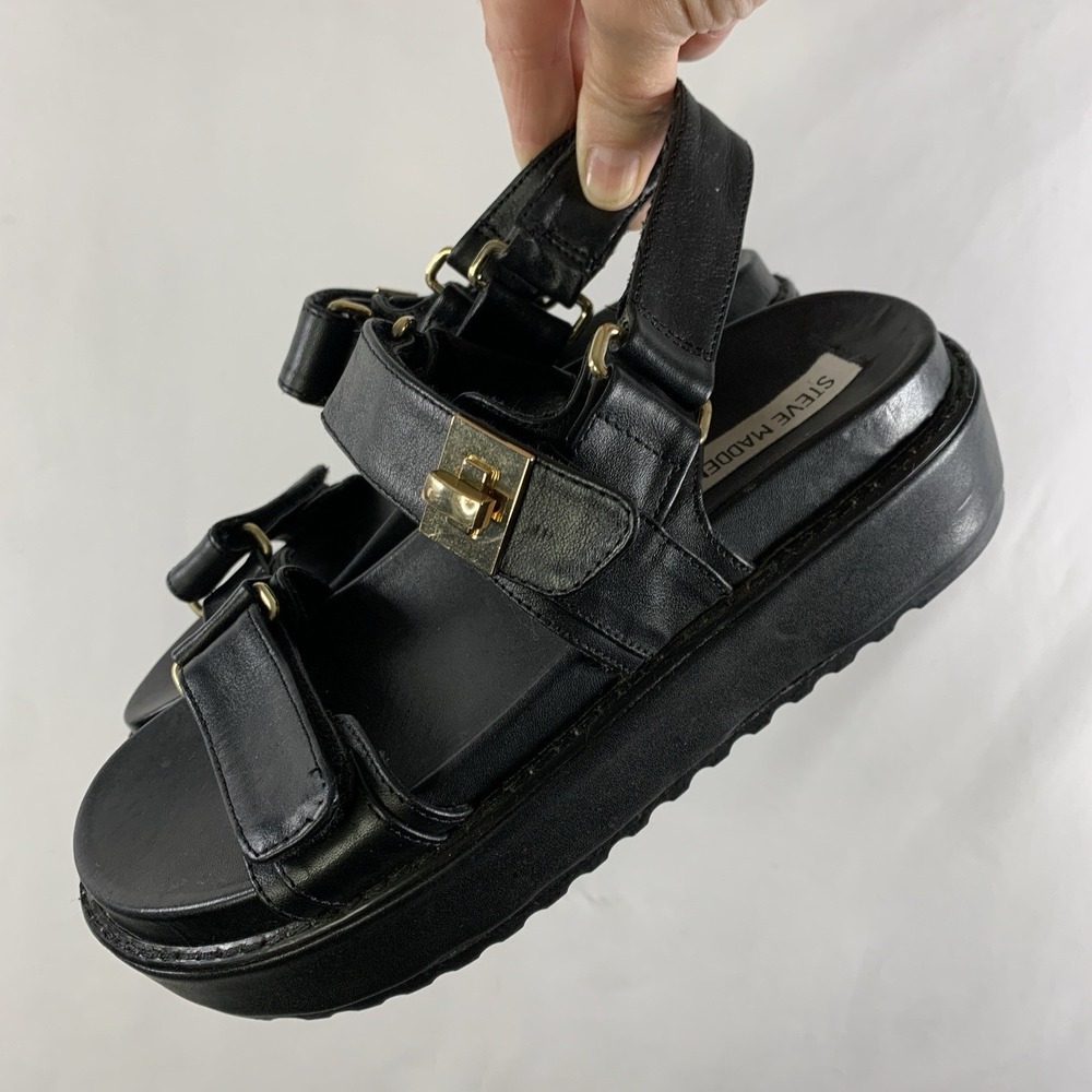 Steve Madden Womens Bigmona Y2K Chunky Leather Platform Sandals Size 6 Black
